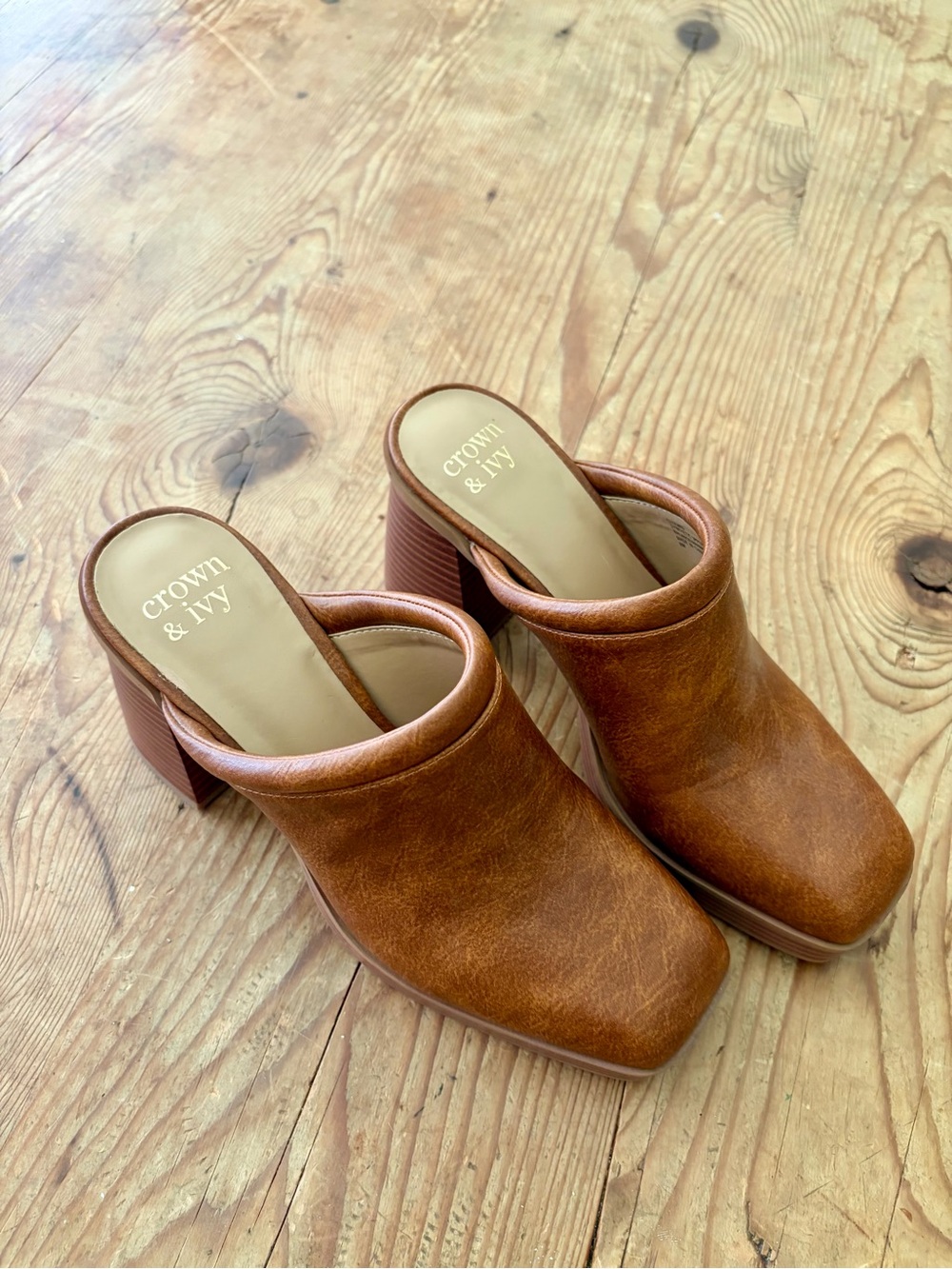 crown & ivy Tan Leather Block Heel Mules